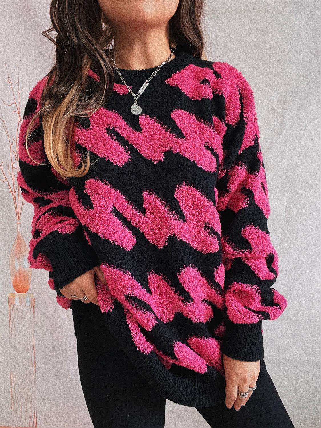 Ribbed Striped Dropped Shoulder Sweater Hot Pink
