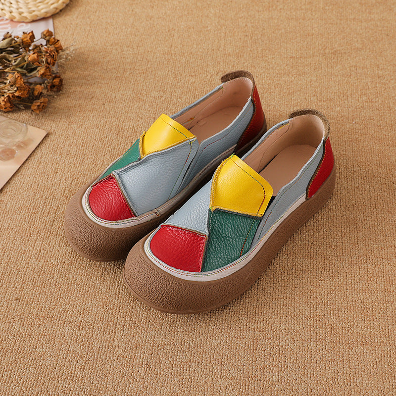 Women's Genuine Leather Patchwork Color-Block Loafers | Slip-On Round Toe Low Heel Shoes