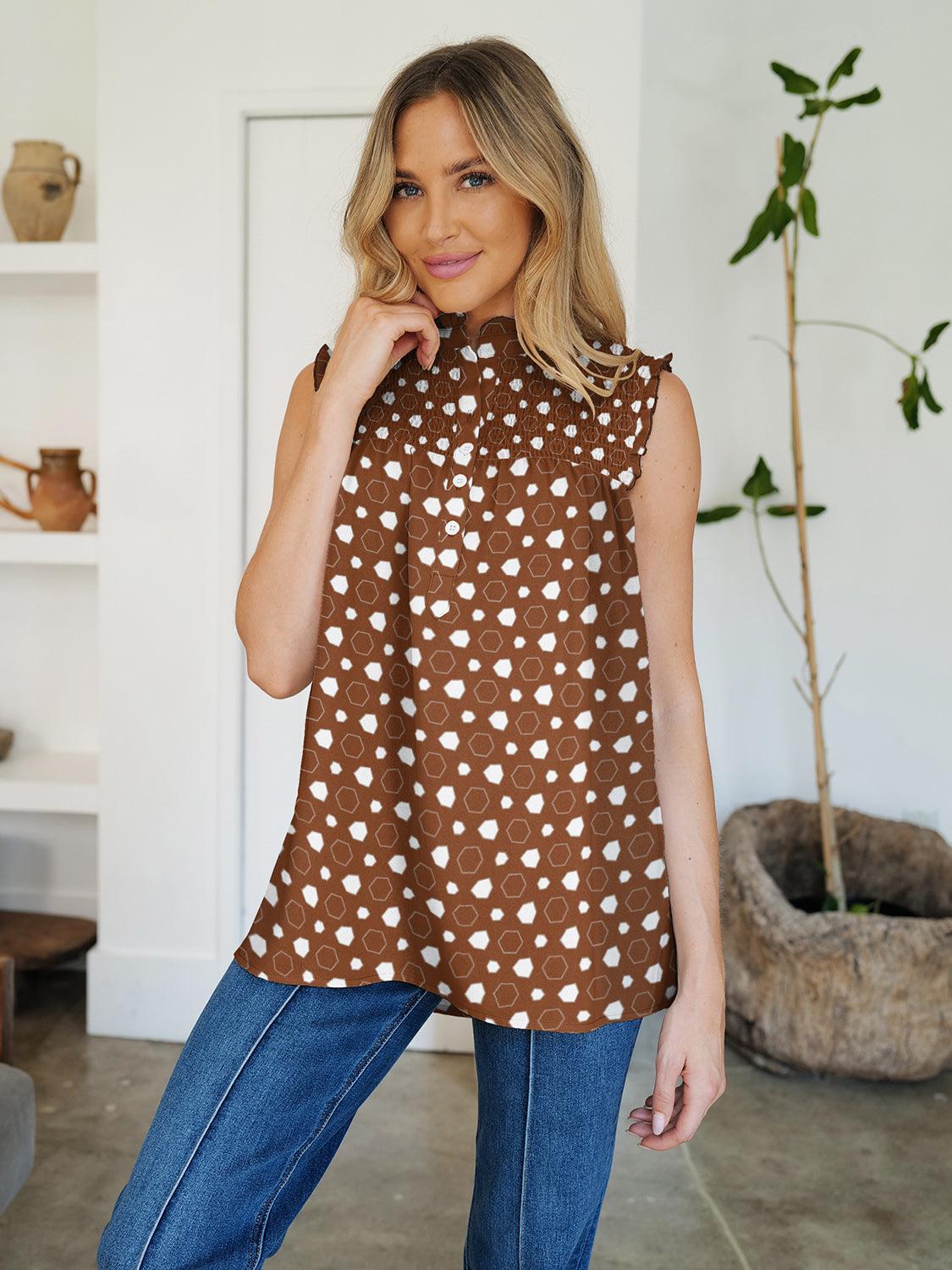 Frill Printed Mock Neck sleeveles blouse in Polka Dot, Striped, and Floral Caramel