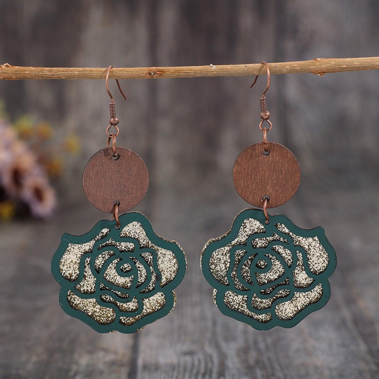 Wooden Alloy Rose Shape Dangle Earrings Style C One Size