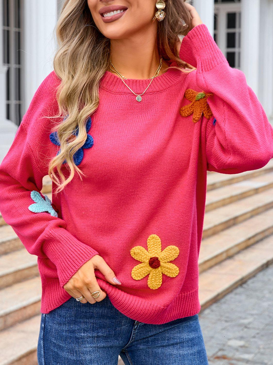 Angel Wings Crochet Flower Round Neck Sweater Strawberry