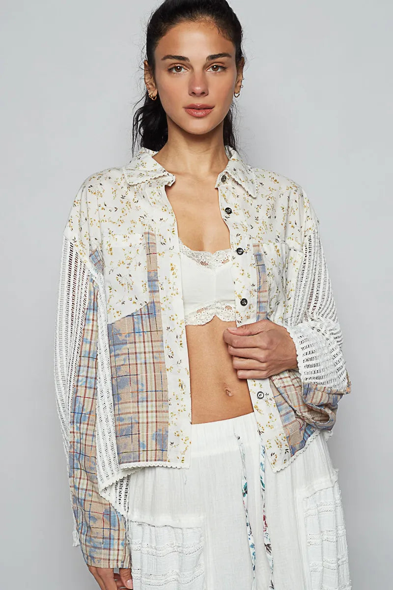 POL Floral Slit Back Plaid Patchwork Shirt Ivory