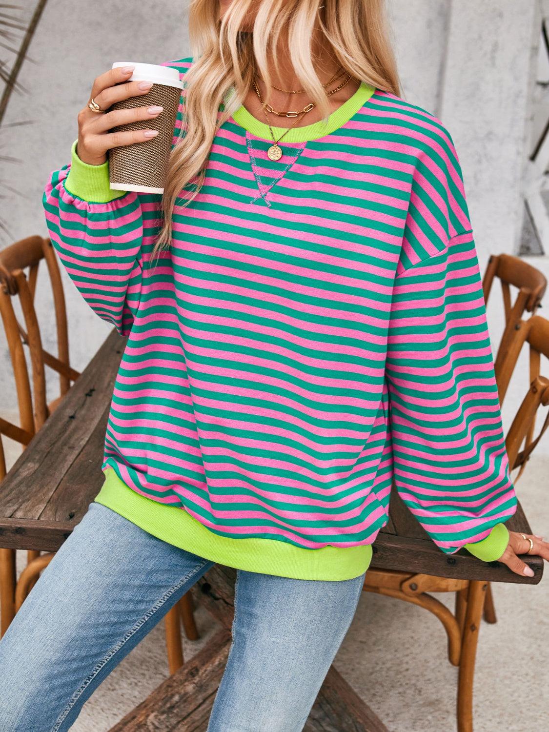 Lovelet Contrast Striped Long Sleeve Sweatshirt Cerise