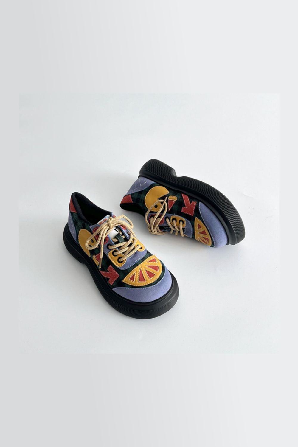 Lace Up Round Toe Plaid Platform Sneakers Dusty Blue