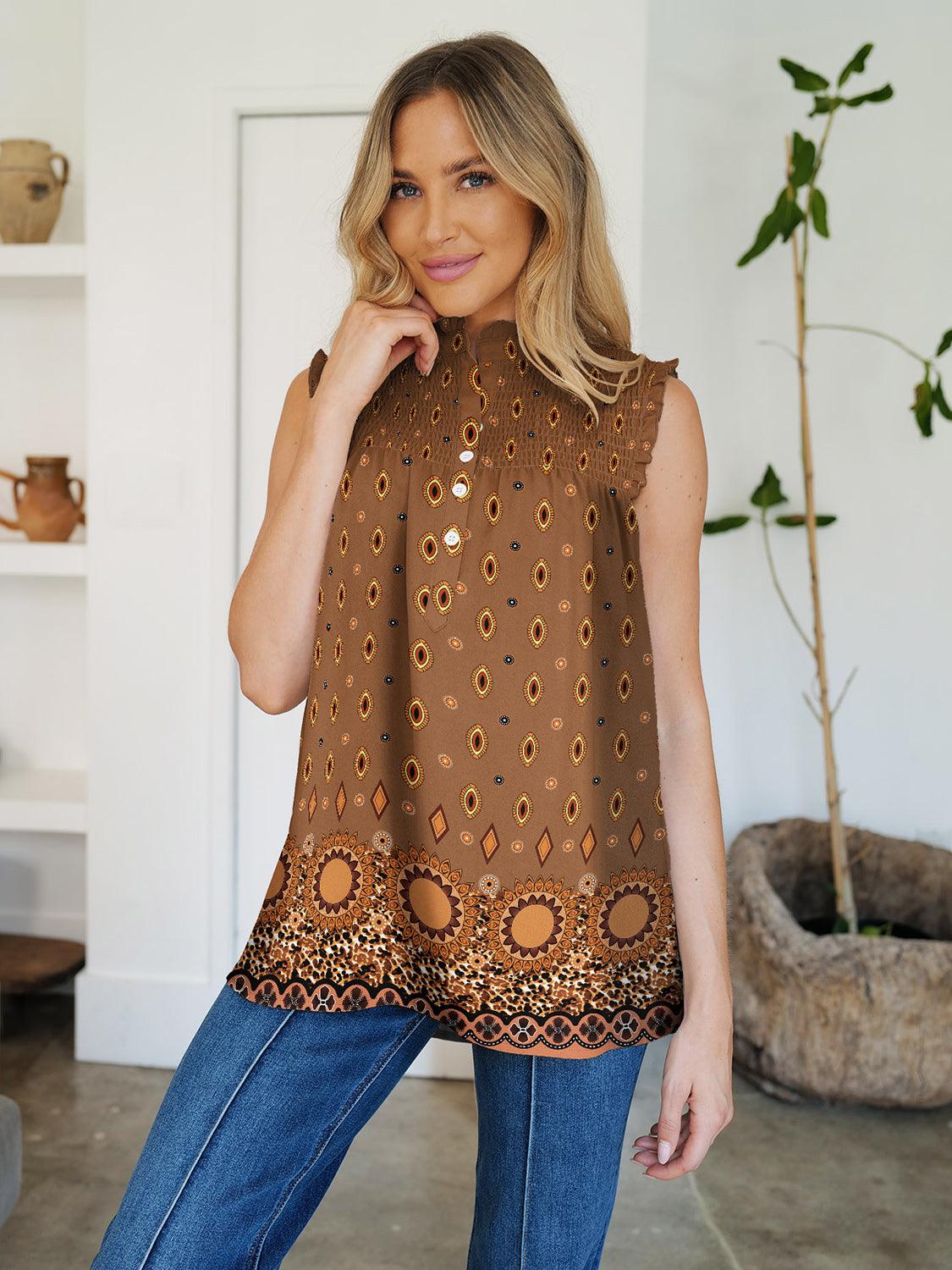 Frill Printed Mock Neck sleeveles blouse in Polka Dot, Striped, and Floral Brown