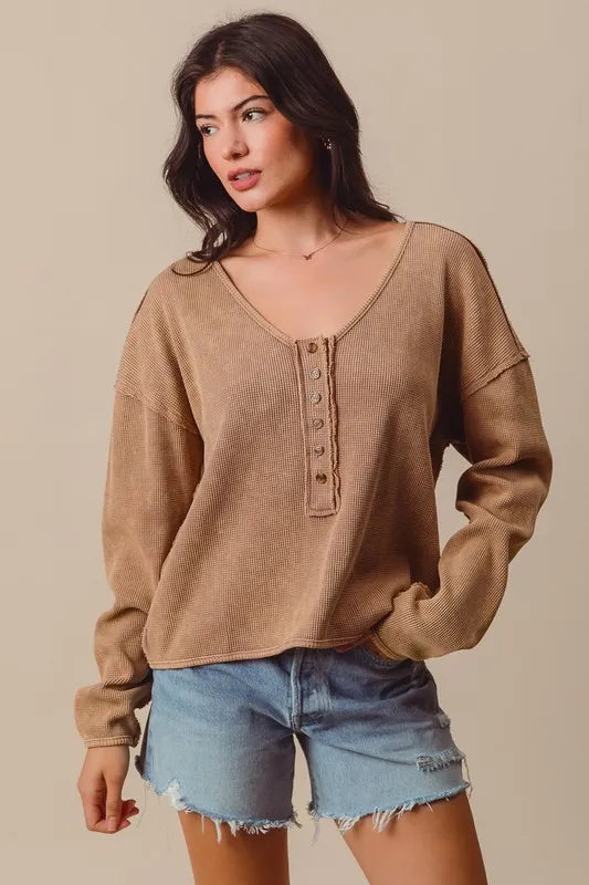 SO ME Frayed Cut Mineral Washed Deep V Neck Waffle Top