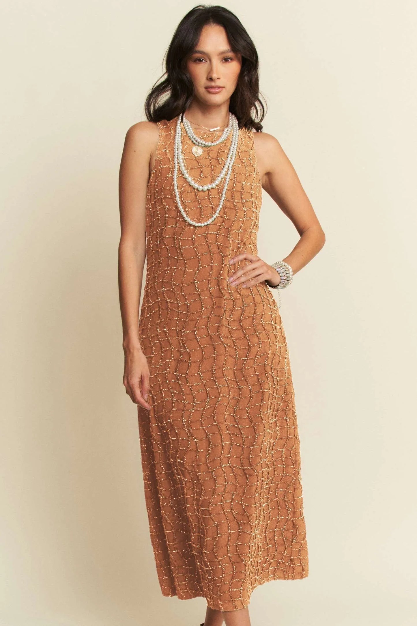 Davi & Dani Golden Textured Zippered Midi Dress