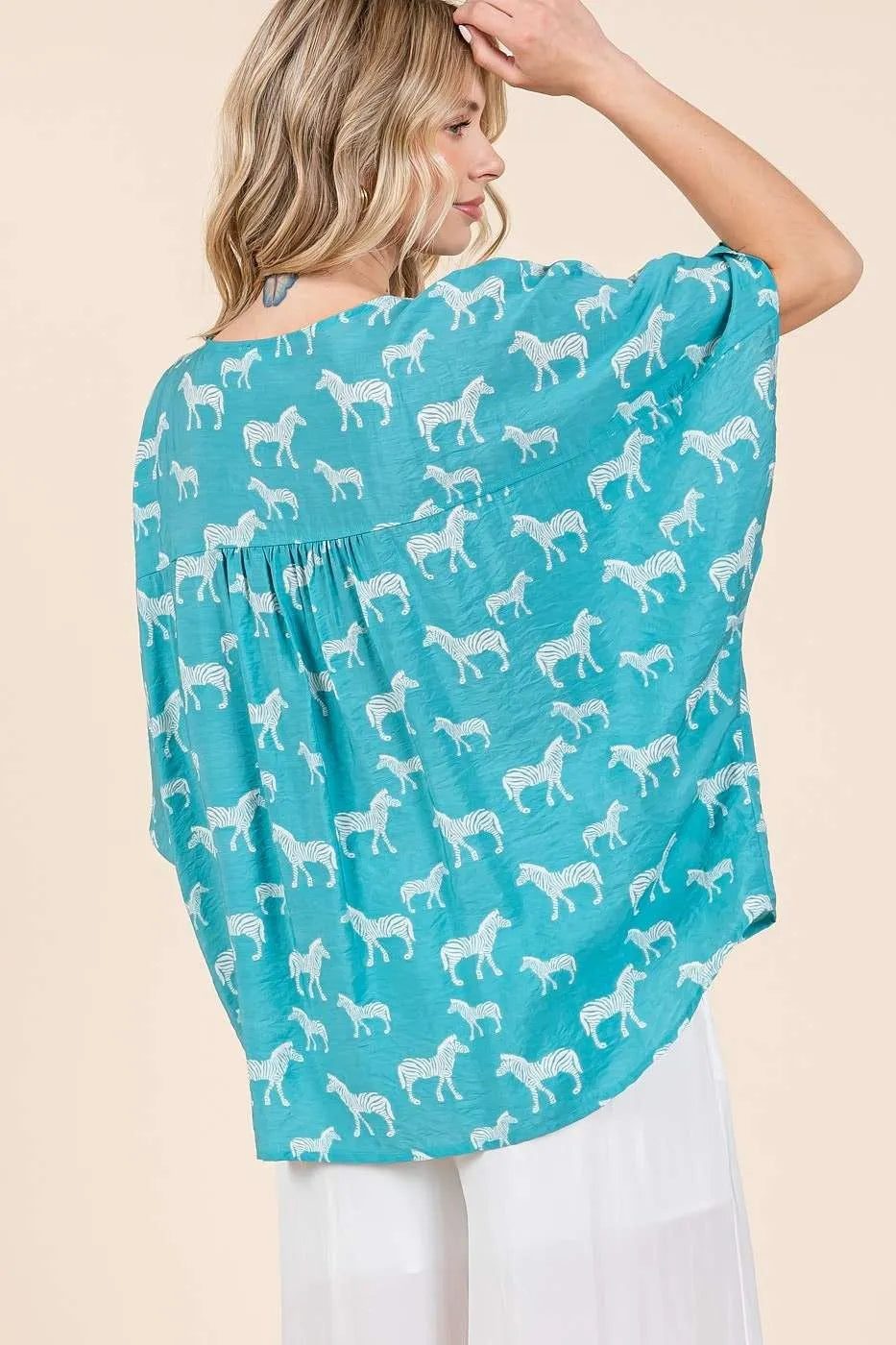 Mittoshop Zebra Print V-Neck Button Down Dolman Sleeve Top