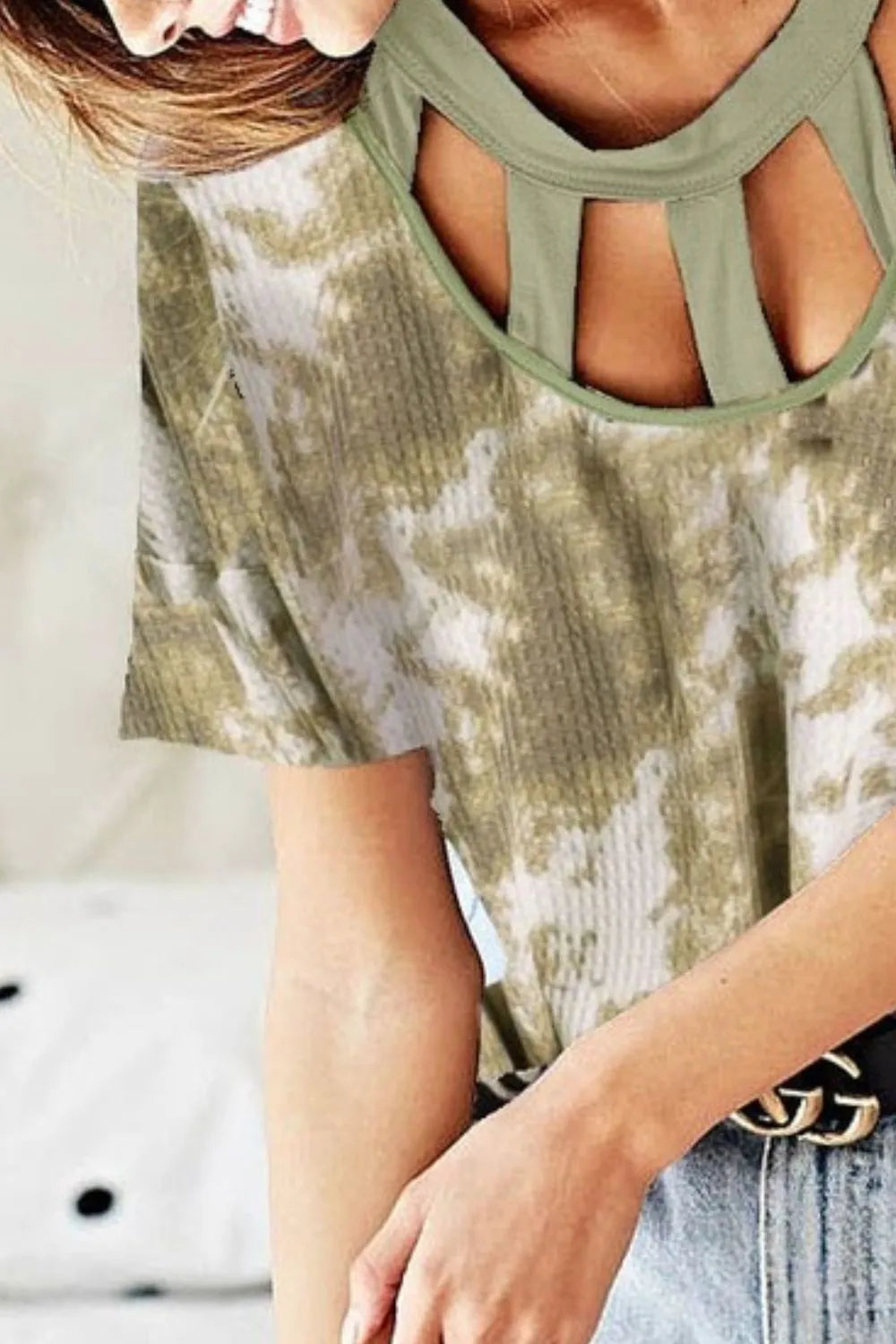 BiBi Tie Dye Print Waffle Top with Contrast Caged Neck