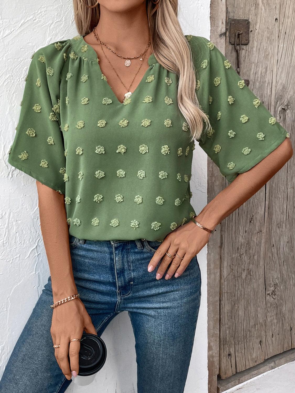Ivy Lane Swiss Dot Notched Half Sleeve Blouse Moss
