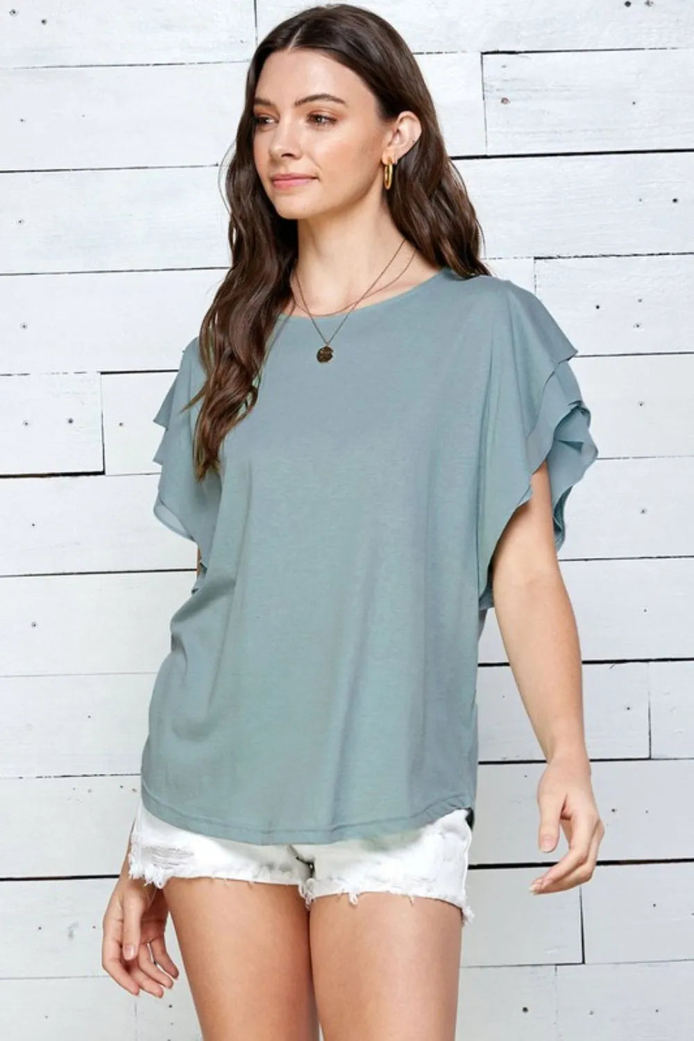 Lime 'N' Chili Round Neck Double Ruffle Cap Sleeve Top SEA BLUE