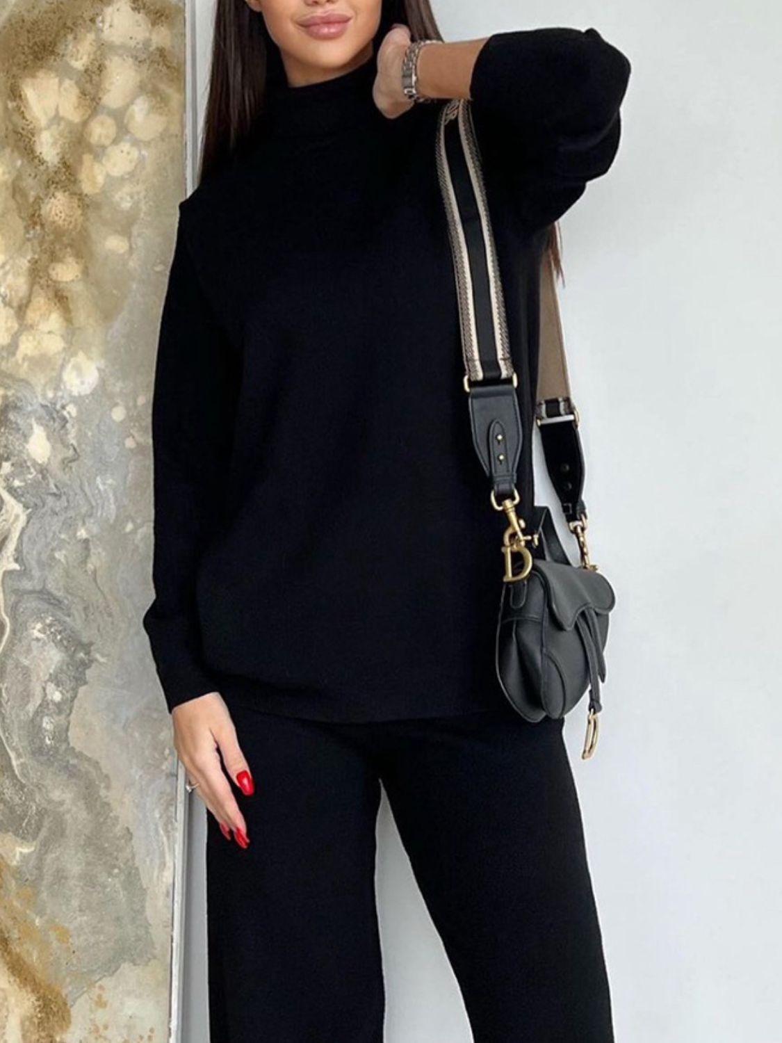 Turtleneck Long Sleeve Top and Drawstring Pants Sweater Set Black One Size