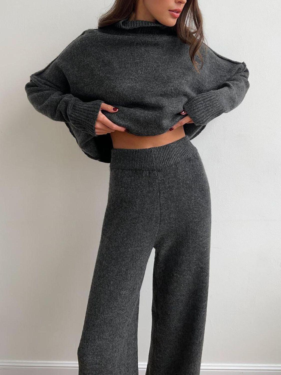 Slit Turtleneck Long Sleeve Top and Pants Sweater Set Dark Gray One Size