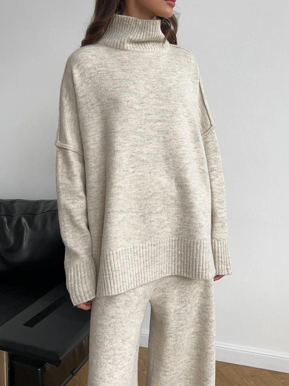 Slit Turtleneck Long Sleeve Top and Pants Sweater Set Beige One Size