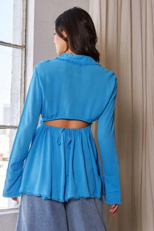 Davi & Dani V-Neck Open Back Adjustable Babydoll Shirt