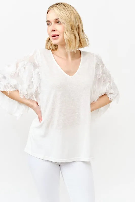 And The Why Feather Detailed 3/4 Sleeve Slub Top