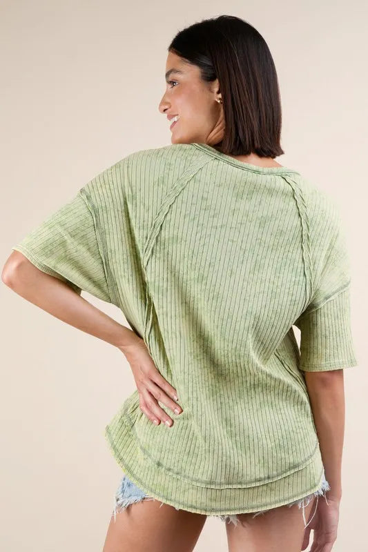 VERY J Mineral Washed Ribbed Knit Casual Top