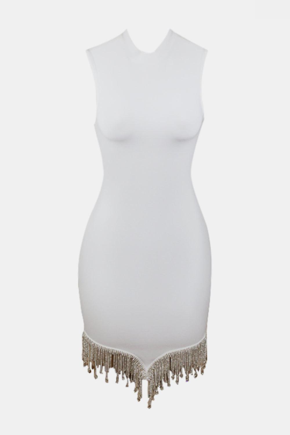 Rhinestone Tassel Hem Bodycon Dress White