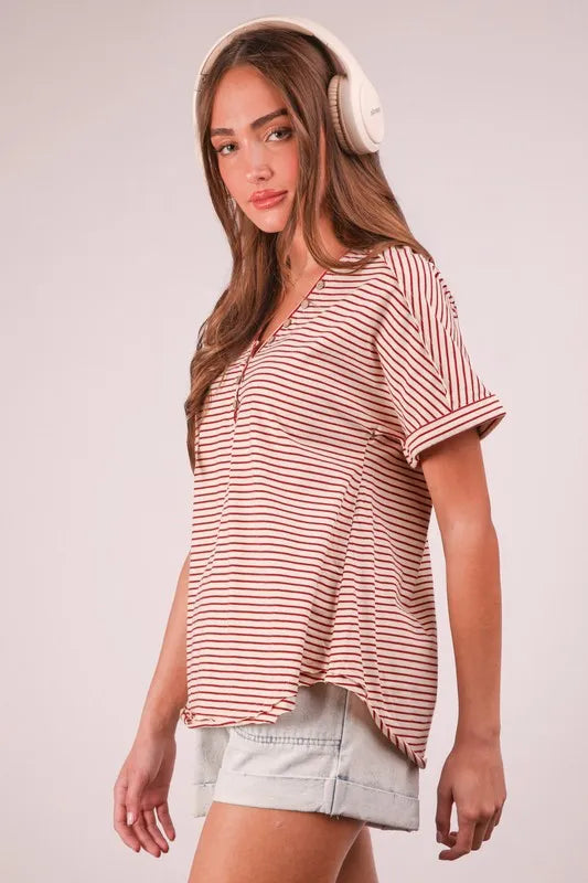 VERY J Striped V-Neck Short Sleeve T-Shirt