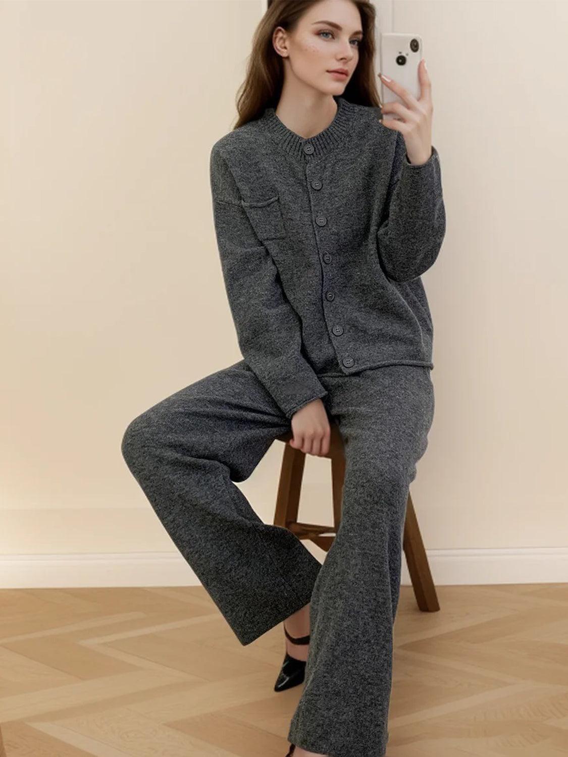 Pocketed Round Neck Button Up Cardigan and Pants Sweater Set Dark Gray One Size