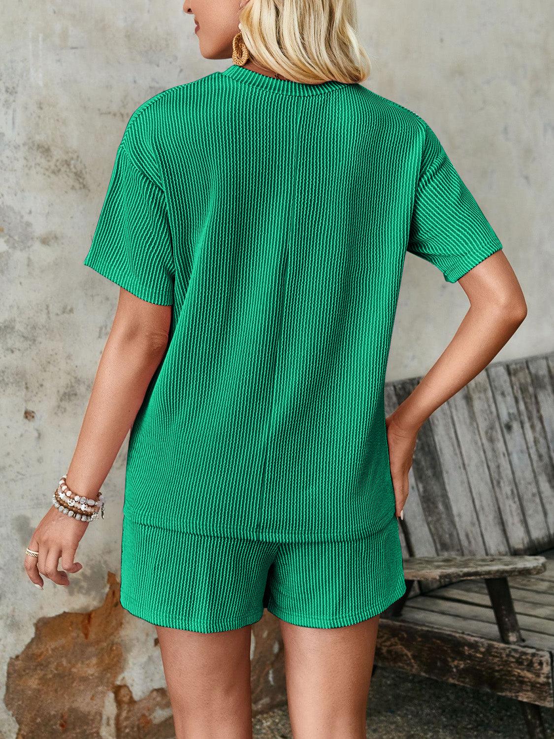 Lovelet Textured Round Neck Short Sleeve Top and Shorts Set Dark Green