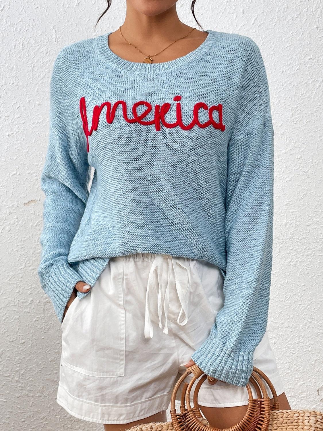 Letter Round Neck Long Sleeve Sweater Pastel Blue
