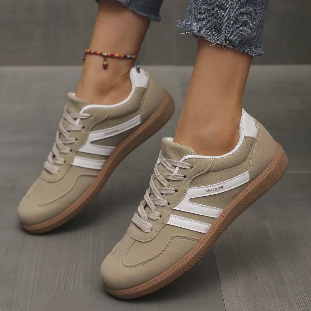 Contrast Lace Up Round Toe Sneakers Khaki
