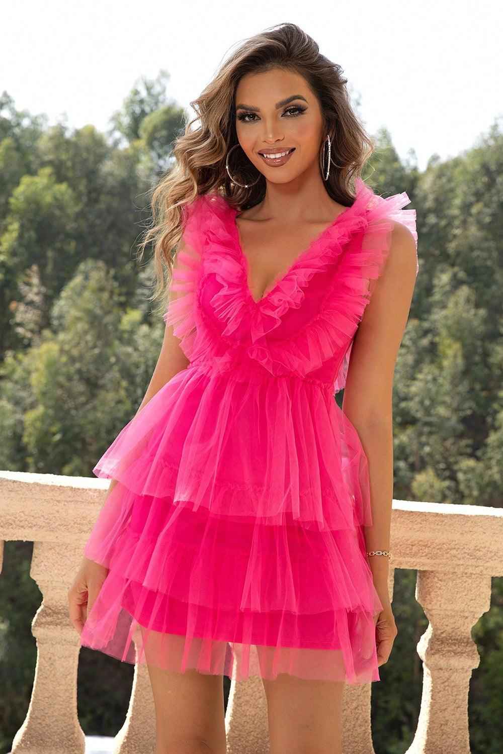 Ruffled V-Neck Sleeveless Mesh Dress for Effortless Style