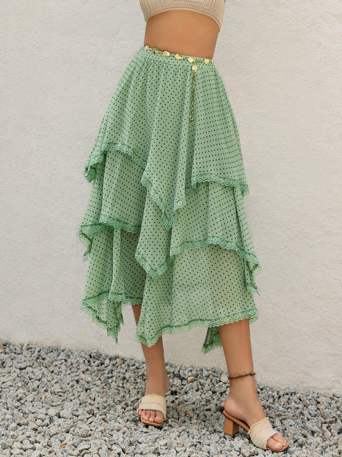 Lace Detail Layered Printed Skirt Gum Leaf