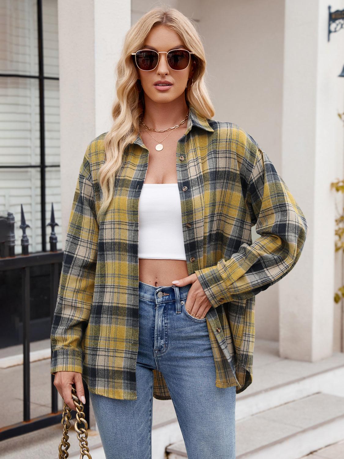 Mandy Pocketed Plaid Collared Neck Long Sleeve Shirt Mustard