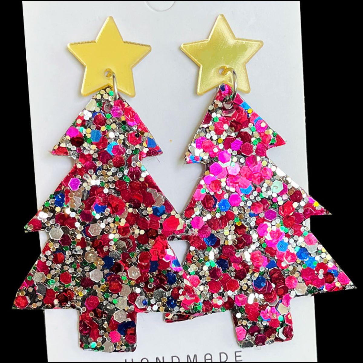 Christmas Tree Acrylic Dangle Earrings Hot Pink One Size