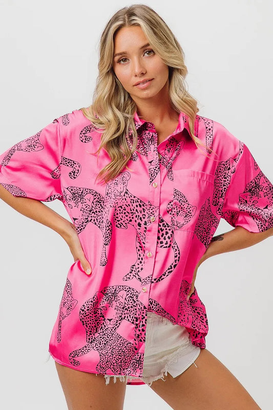 BiBi Leopard Print Short Sleeve Silky Satin Shirt Top