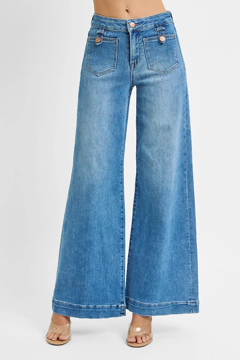 RISEN Full Size Mid Rise Wide Front Patch Pocket Jeans Plus Size