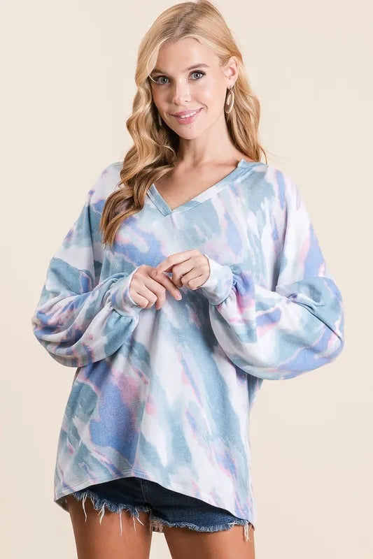 BiBi Tie Dye French Terry Top with Balloon Sleeves