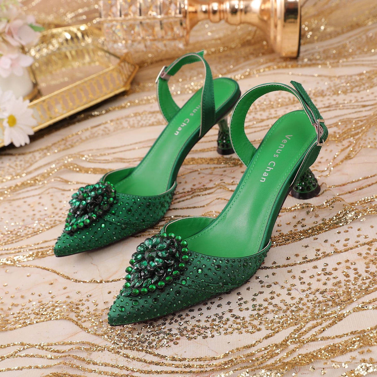 Rhinestone Point Toe Flare Heel Slingback Pumps