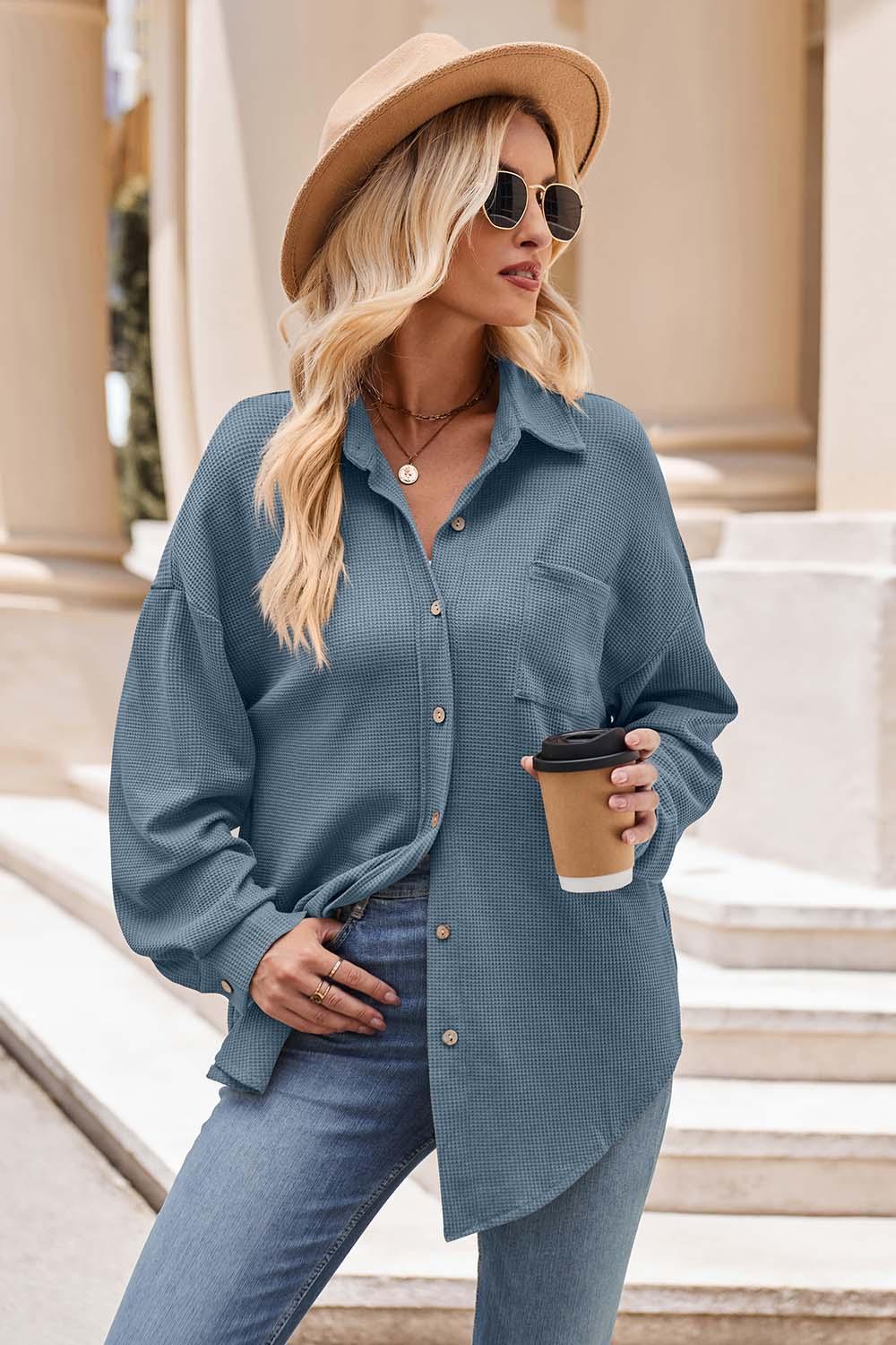 Mandy Collared Neck Dropped Shoulder Shirt Light Blue