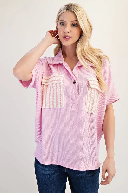 Celeste Full Size Rib Knit Collared Top with Striped Pockets Plus Size