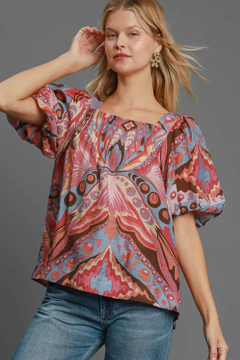 Umgee Full Size Abstract Print Smocked Square Neck Puff Sleeve Blouse Pink Mix