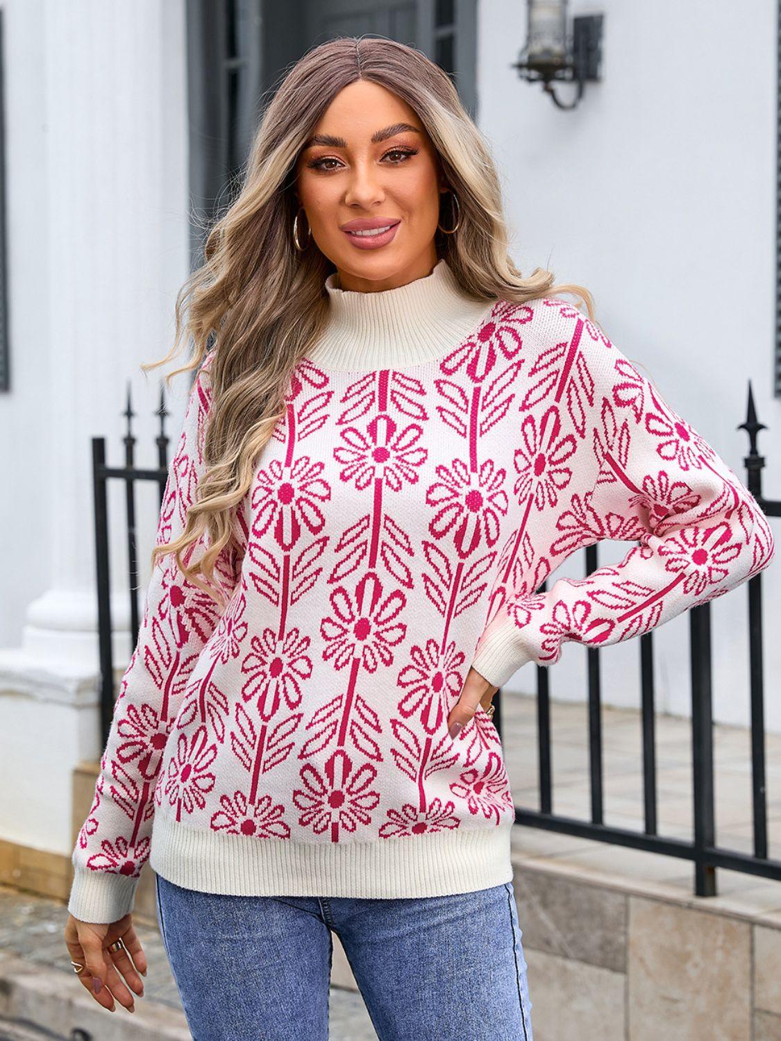 Angel Wings Flower Turtleneck Long Sleeve Sweater Deep Rose