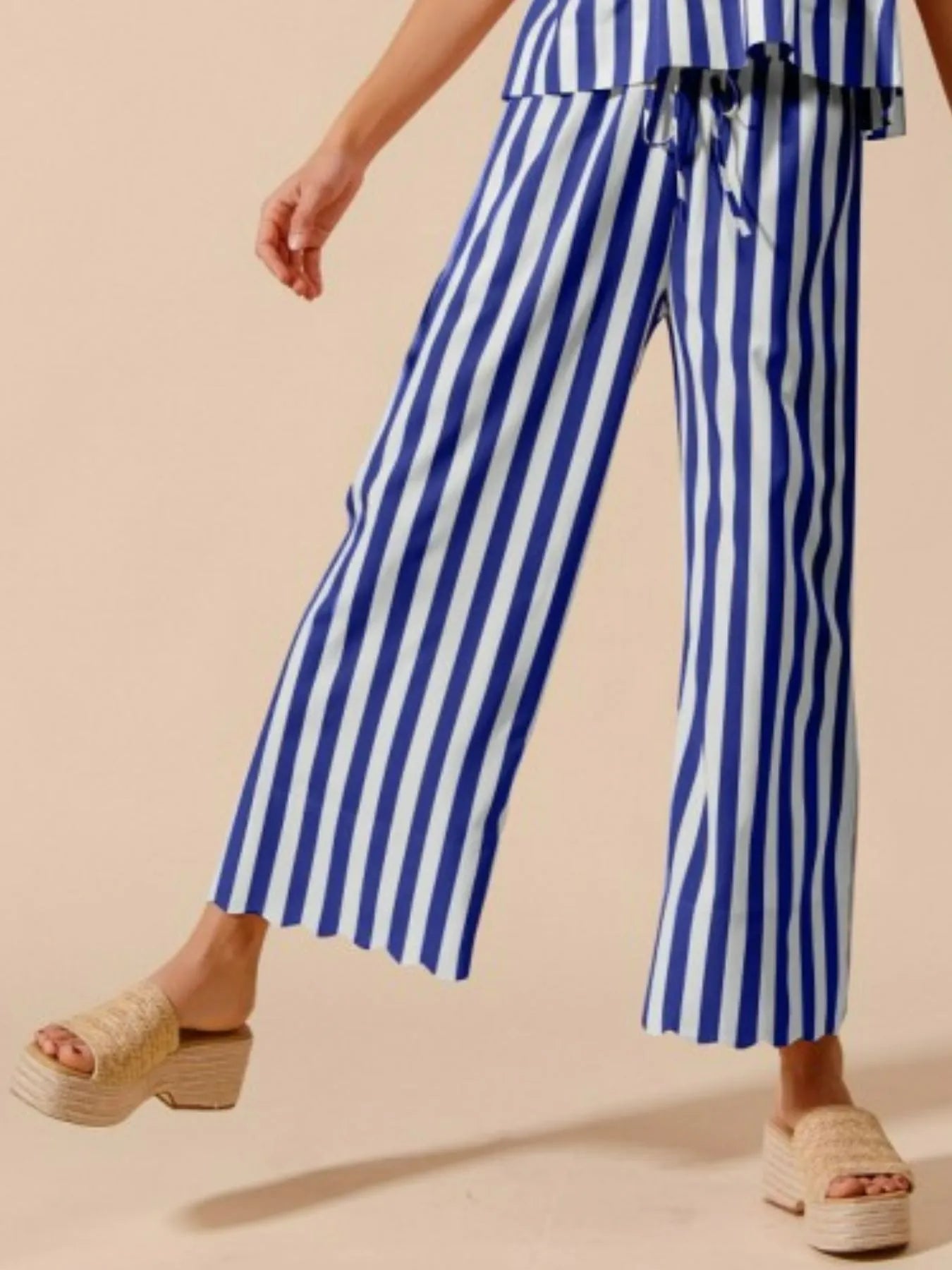 SO ME Front Tie Stripe Puff Sleeves Top and Wide Leg Pants Set