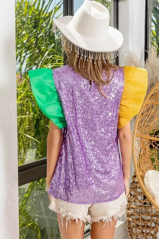 BiBi Mardi Gras Color Block Organza Sleeve Sequin Top