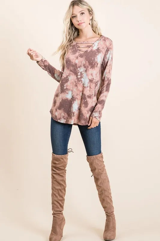 BiBi Tie Dye French Terry V-Neck Top