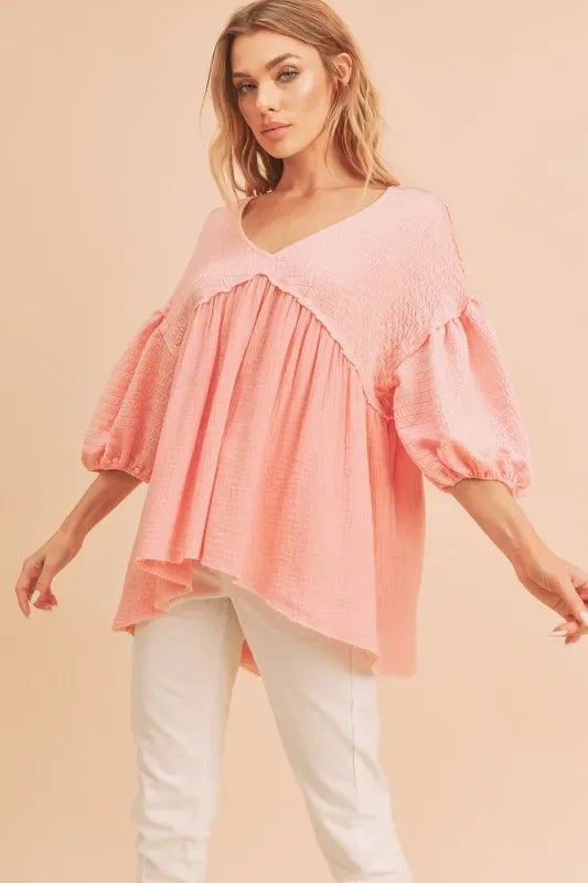 Aemi + Co High-Low Frayed Hem V-Neck Blouse