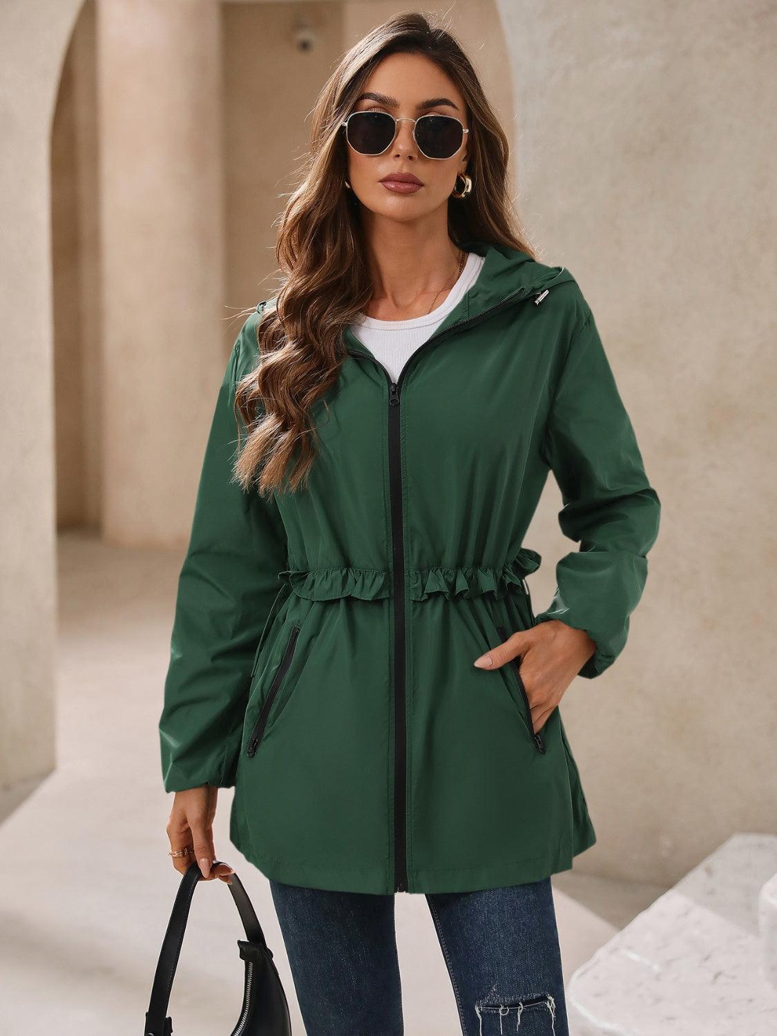 Ivy Lane Outdoor Waterproof Long Sleeve Hooded Windbreaker Dark Green