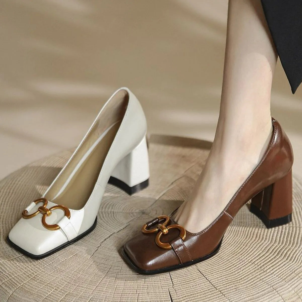 Square Toe Block Heels Pumps