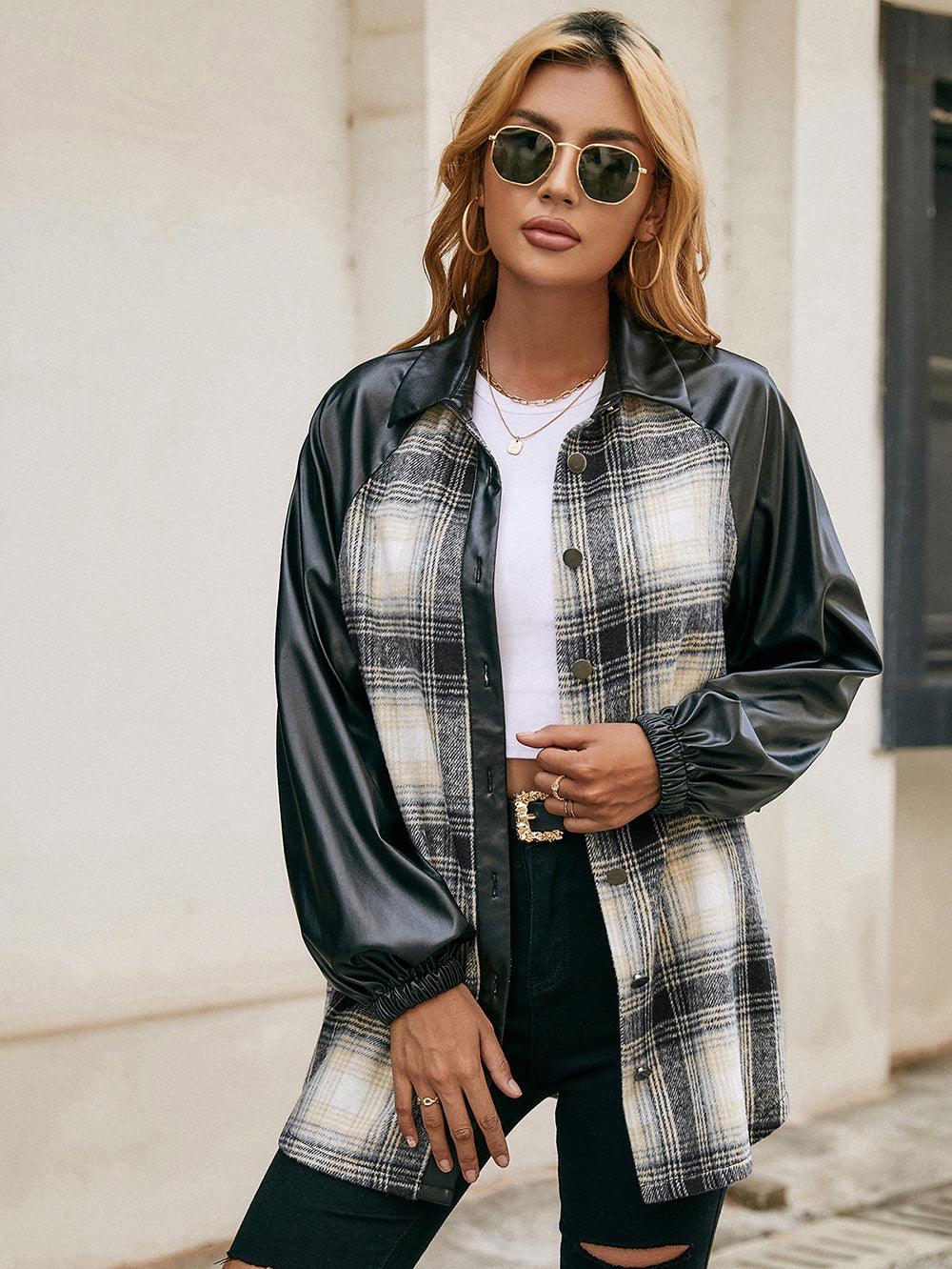 Ivy Lane Plaid Button Down Raglan Sleeve Jacket Black