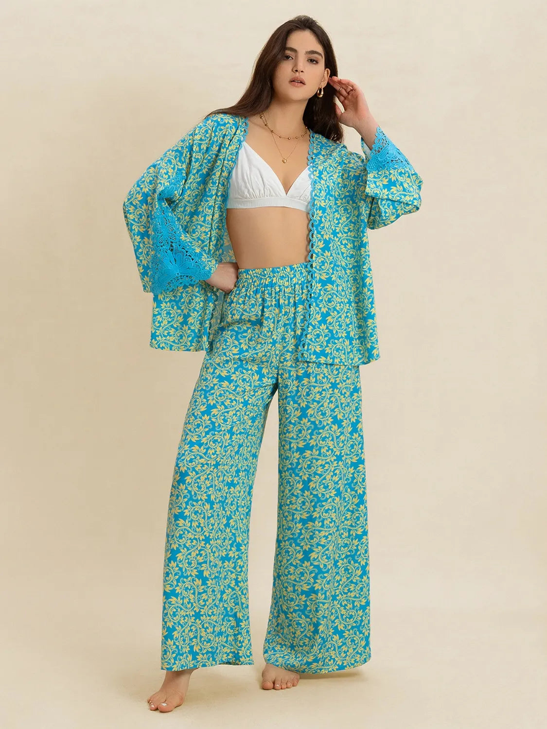 Open Front Printed Top and Pants Set