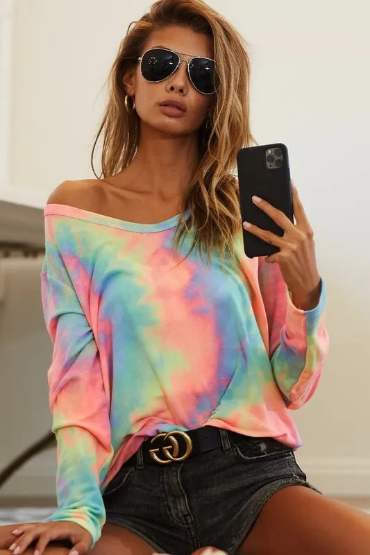 BiBi Tie Dye French Terry Long Sleeve Knit Top