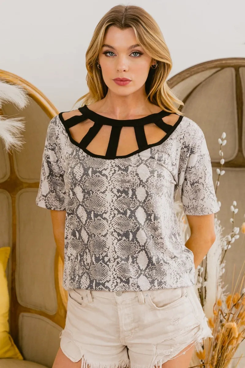 BiBi Snake Skin Print Top with Contrast Caged Neck