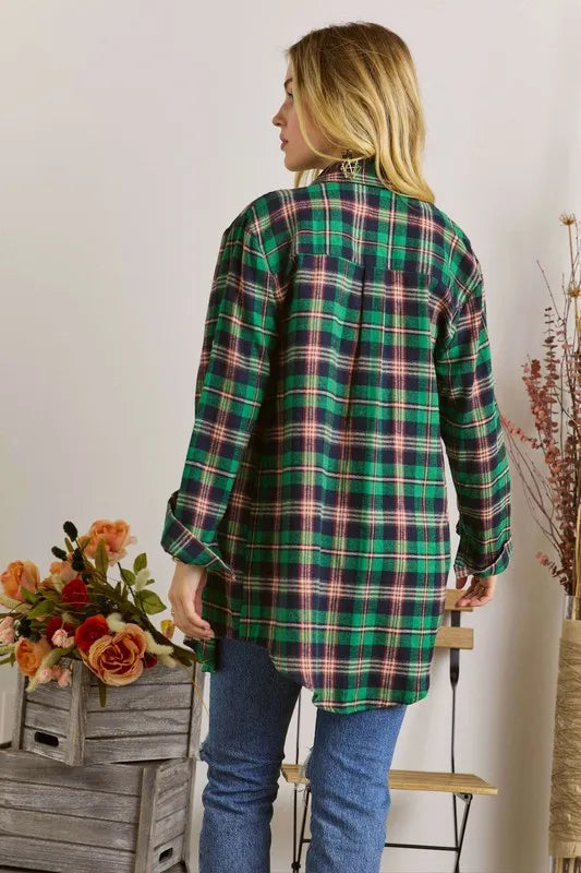 ADORA Full Size Button Down Classic Plaid Shirt W Roll Up Sleeve Plus Size